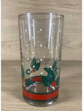 Christmas Tumbler High Ball Holly Snow Red Green Clear Brazil Vtg Holiday